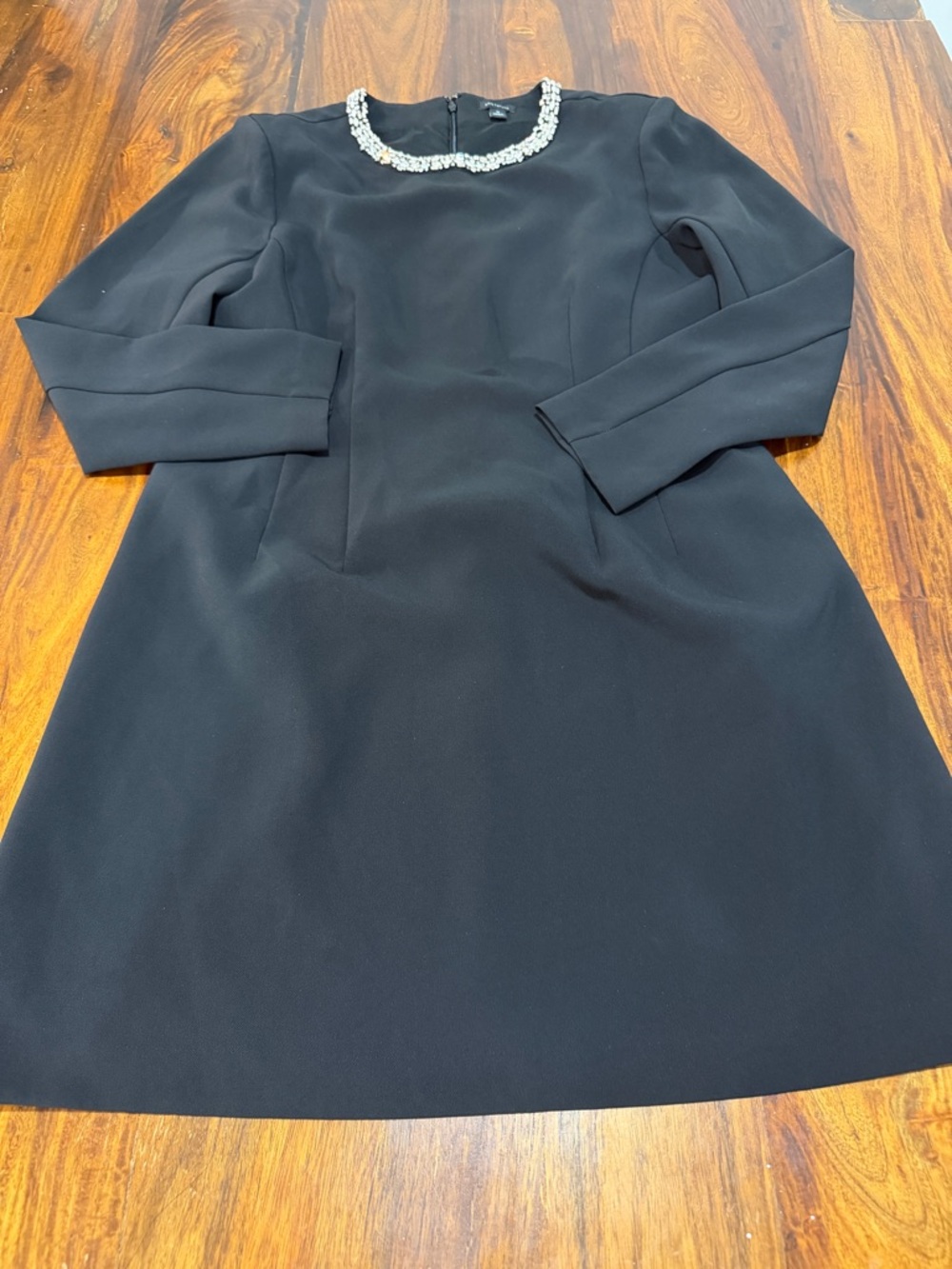 Ann Taylor Black Jewel Neck Long Sleeve A-Line Dress 12 Holiday Cocktail Classic